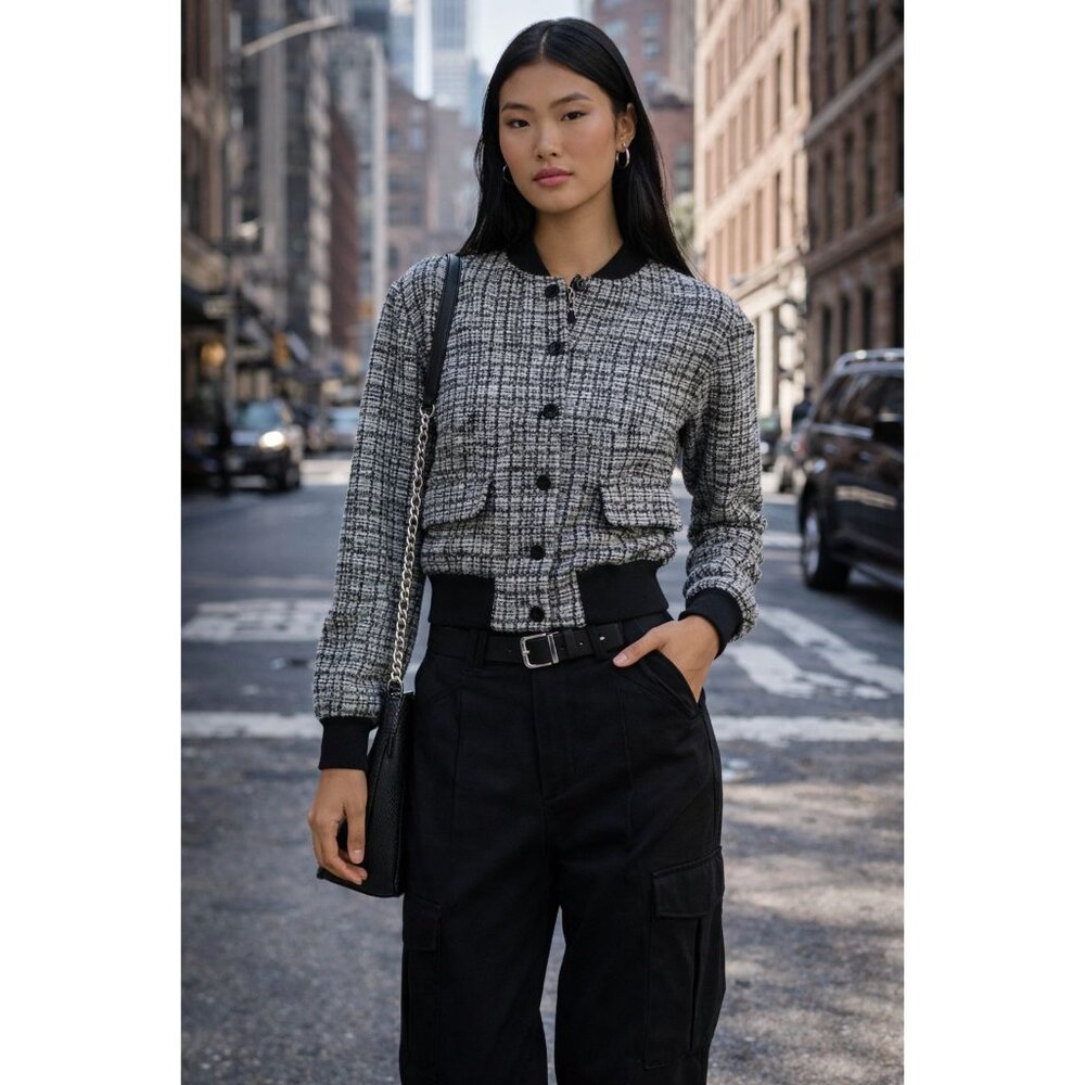 Model Off-Duty Chic Steve Madden Bouclé Bomber | Street Luxe | XS